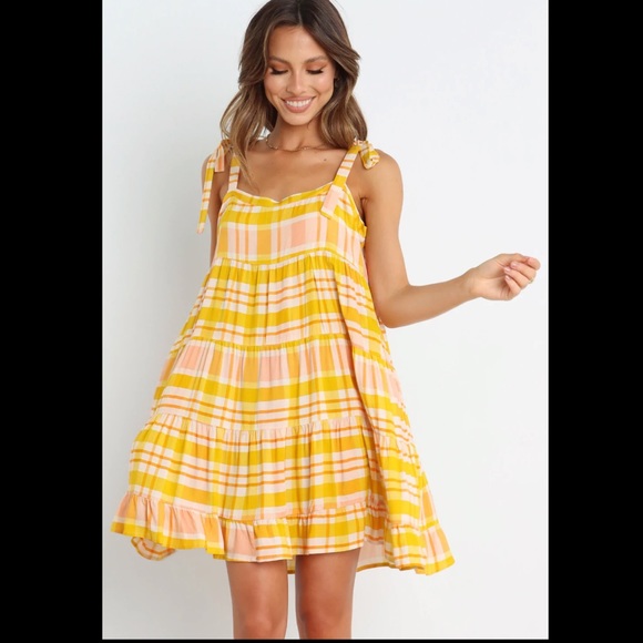 Petal & Pup Dresses & Skirts - Petal & Pup Yellow and Peach Plaid Mini Dress